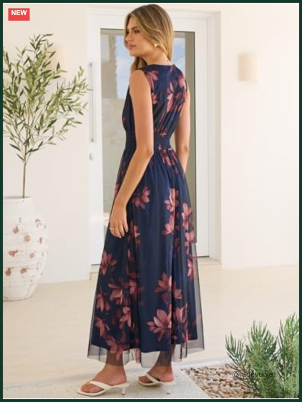 Sleeveless V Neck A-Line Maxi Dress with Elastic Waist, Floral Tulle, Flowy - Picture 2 of 6